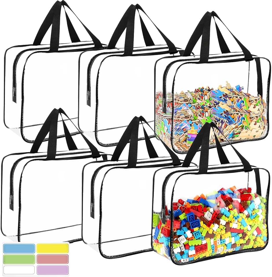 Six Large Reusable Clear Storage Bags with Labels