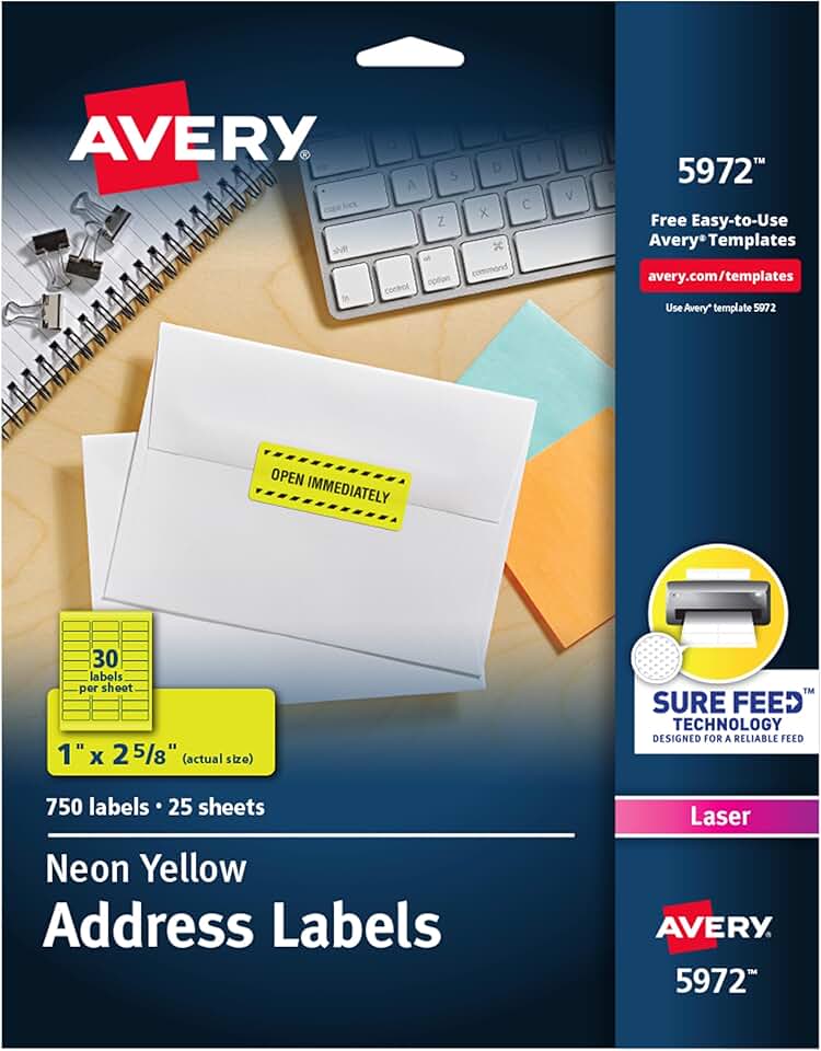 Neon Yellow Printable Address Labels, 1" x 2-5/8", 750 Sheets