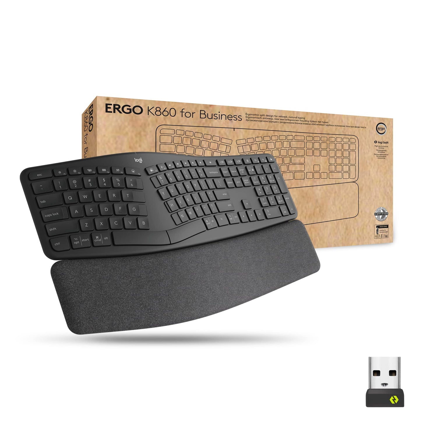 Ergo K860 Split Wireless Keyboard for Business - Ergonomic Design, Secured Logi Bolt Technology, Bluetooth, Globally , Windows/Mac/Chrome/Linux - Graphite