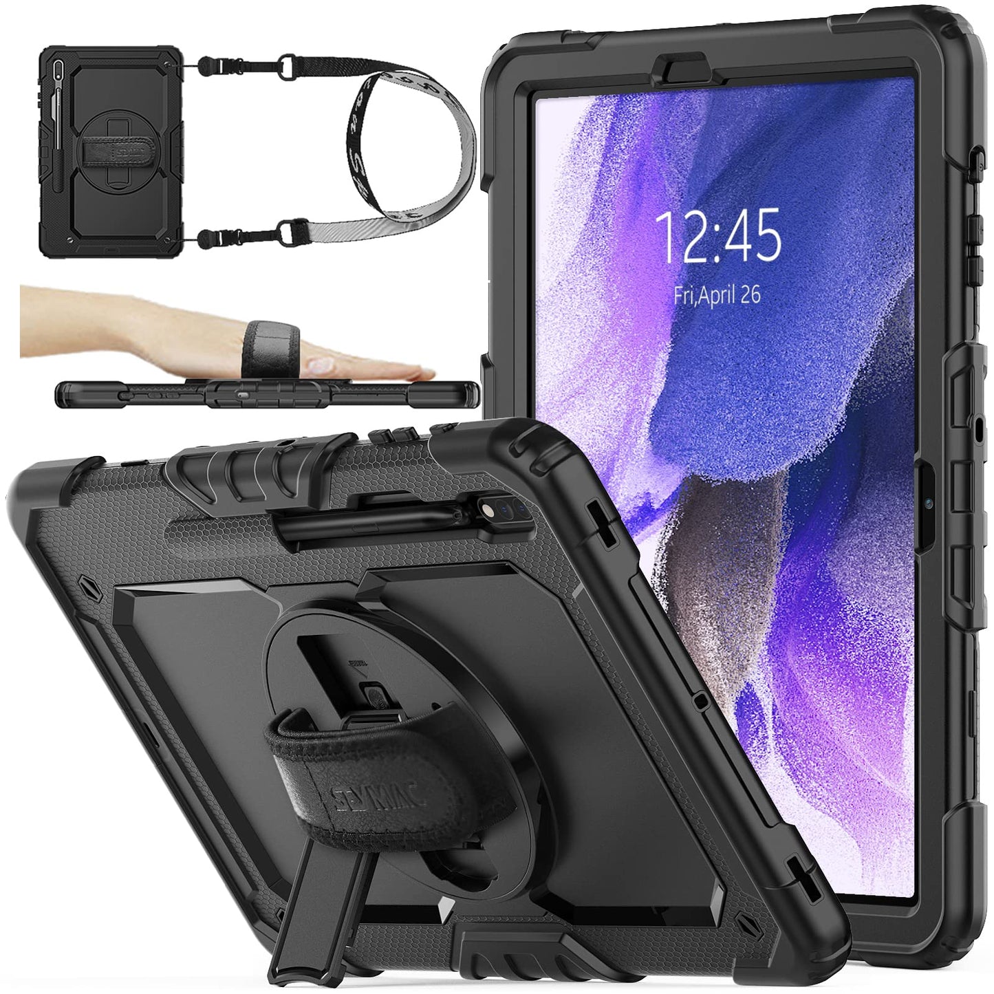 Case for Samsung Galaxy Tab S8 Plus/ S7 FE Case 12.4'' with Screen Protector Pencil Holder [360 Rotating Hand Strap] &Stand, Drop-Proof Case for Galaxy Tab S8 Plus/ S7 FE, Black