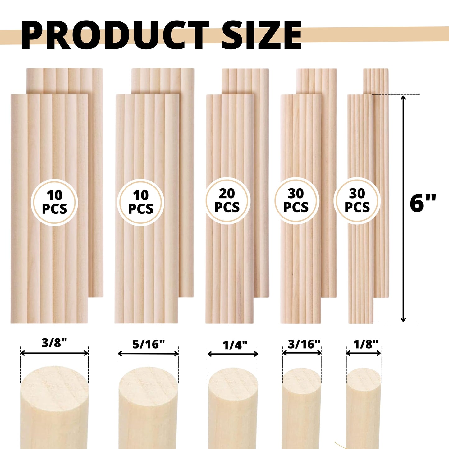 Assorted Wooden Dowel Rods Set 100 pcs 6 Inch