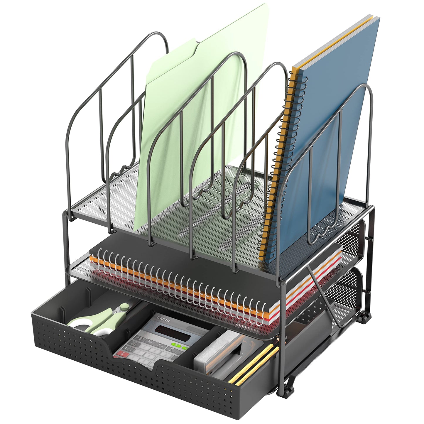 Mesh desk organizer with double tray and sliding drawer