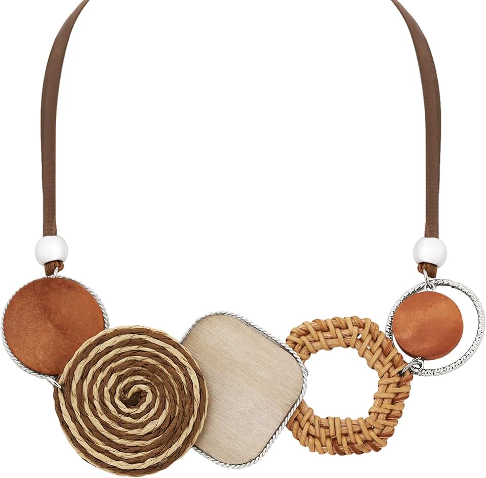Handmade Braided Necklace with Wooden Beads and Rattan Charm