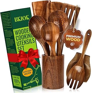 Teak Wood Kitchen Utensil Set with Holder and Spoon Rest