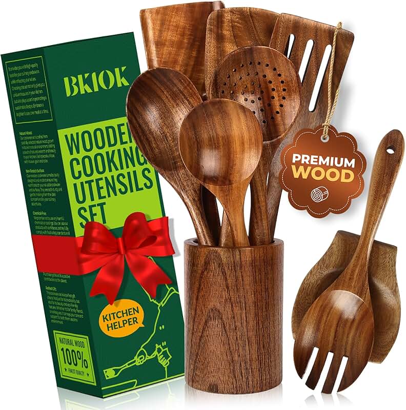 Teak Wood Kitchen Utensil Set with Holder and Spoon Rest