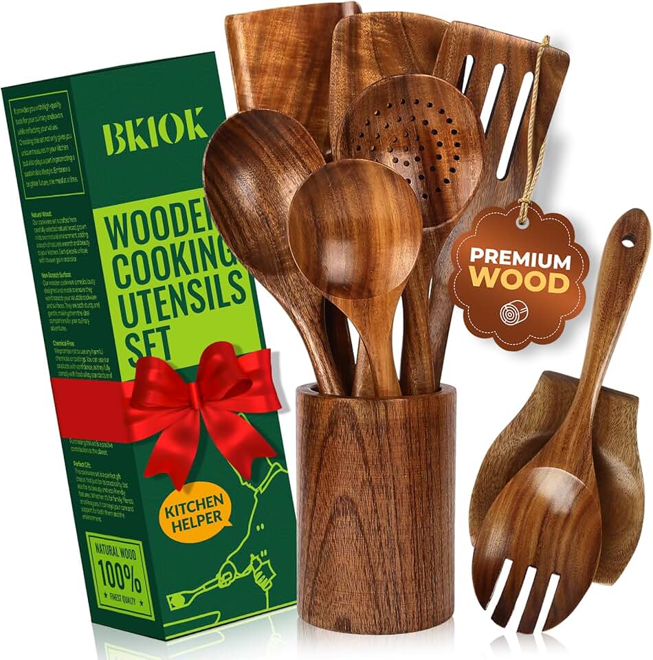 Teak Wood Kitchen Utensil Set with Holder and Spoon Rest