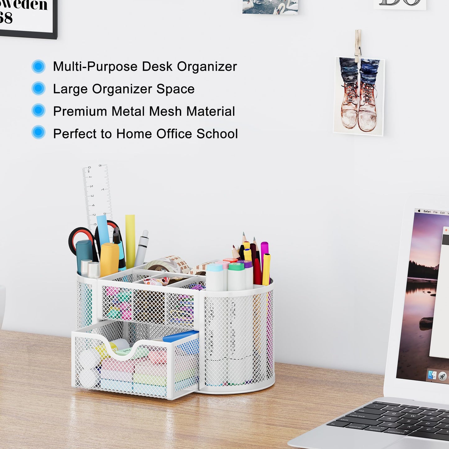 Mesh Pen Holder with Drawer and Compartments