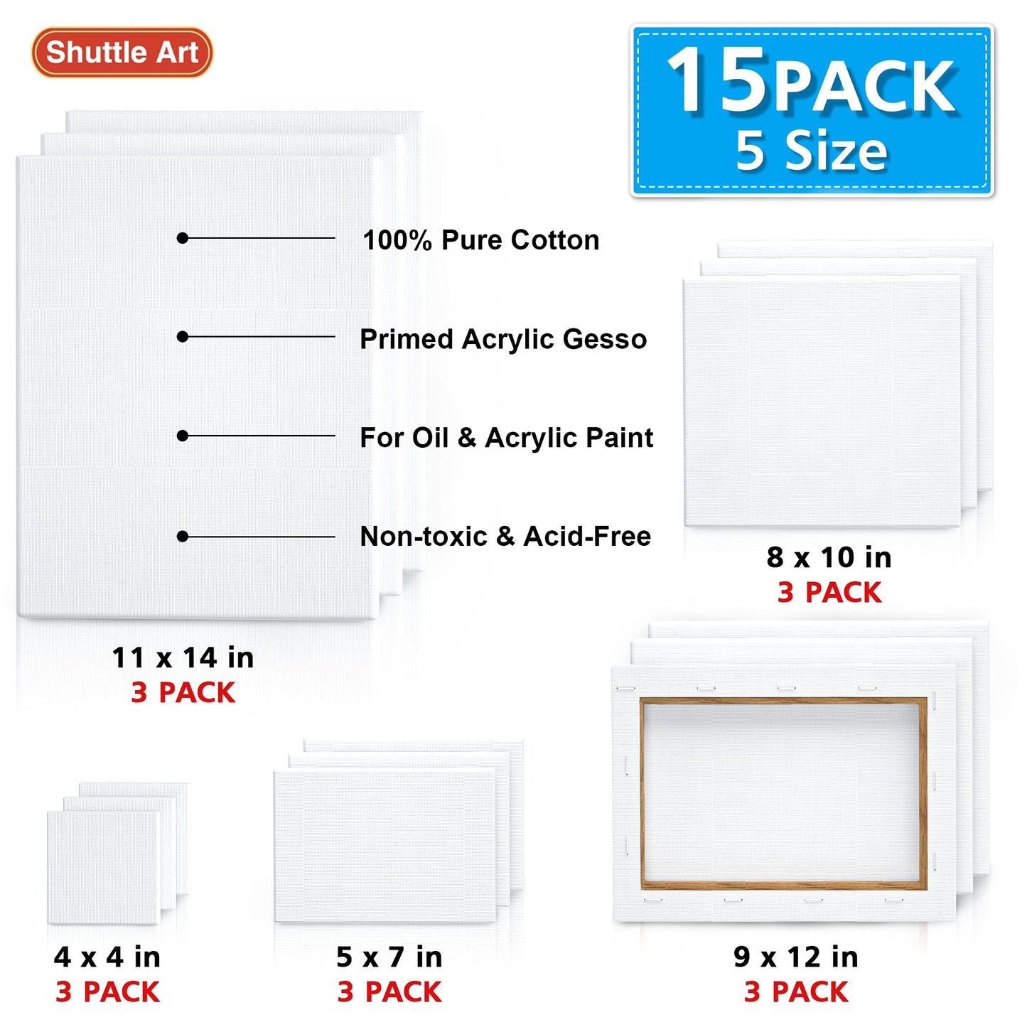 15 Pack Stretched Canvas Set 4x4 to 11x14 Inches