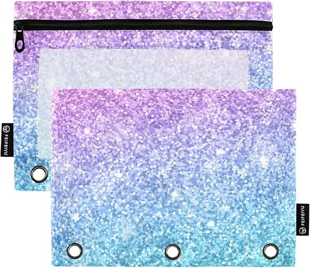 Pink and blue glitter pencil pouches with clear window, 2-pack