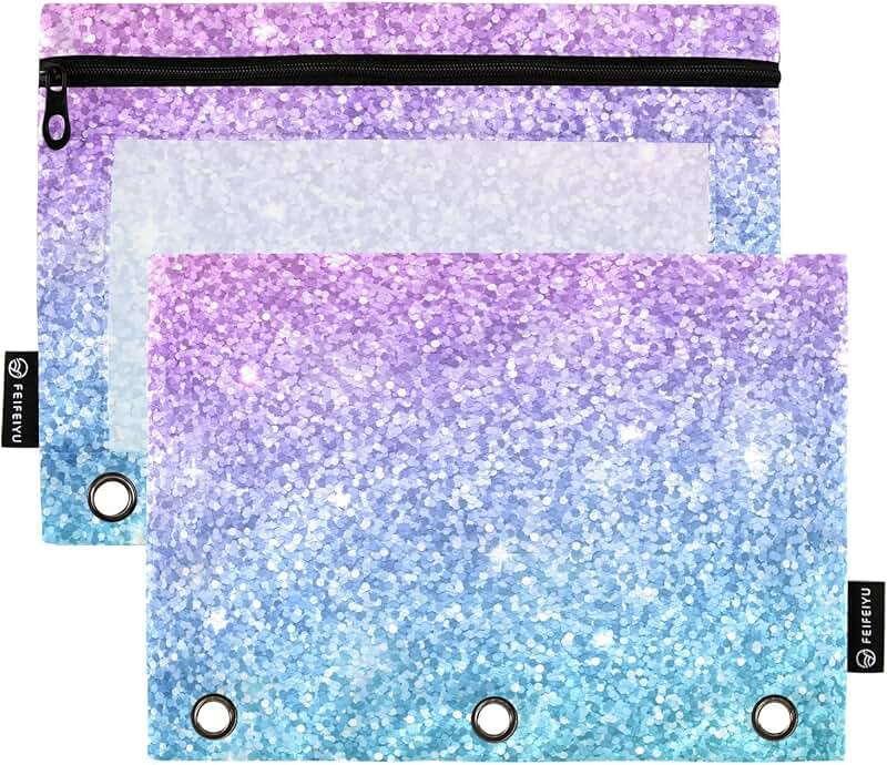 Pink and blue glitter pencil pouches with clear window, 2-pack