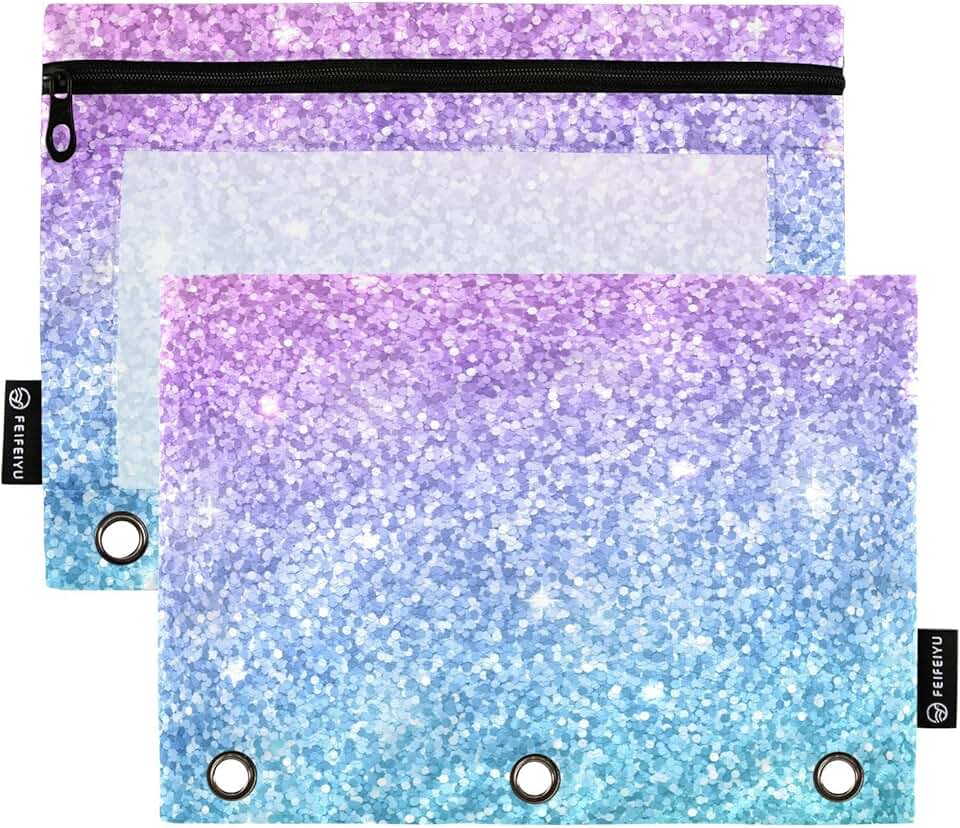 Pink and blue glitter pencil pouches with clear window, 2-pack