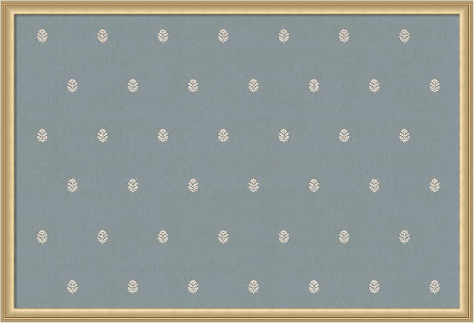 Blue botanical fabric pinboard with gold frame