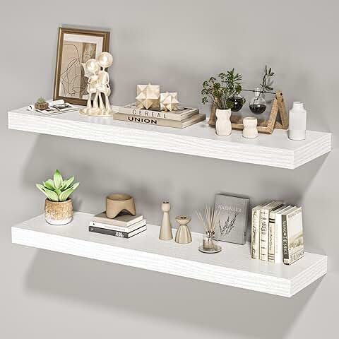 Set of 2 White Wooden Wall Shelves, 36 Inches