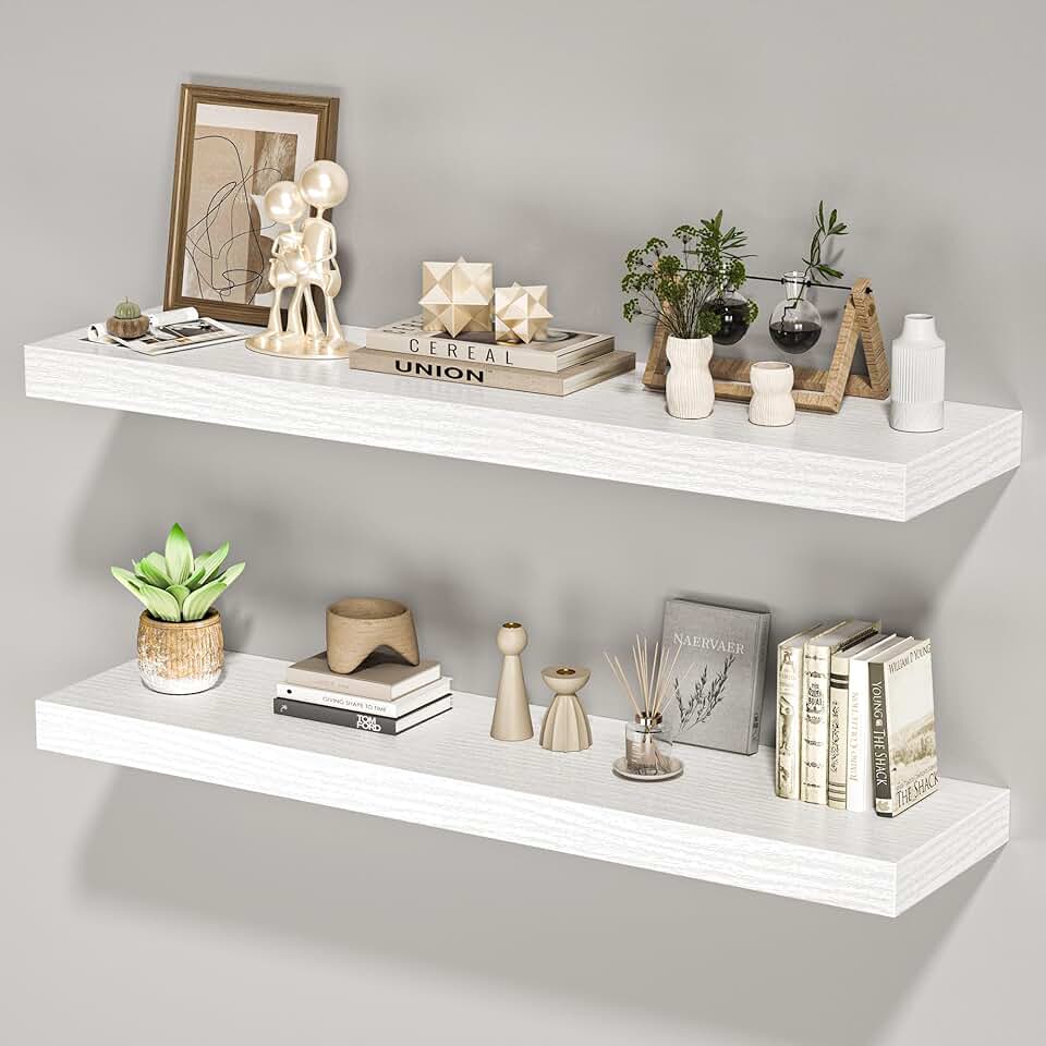 Set of 2 White Wooden Wall Shelves, 36 Inches