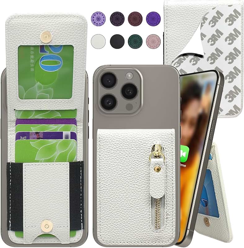 Stick-on phone wallet with card slots and kickstand