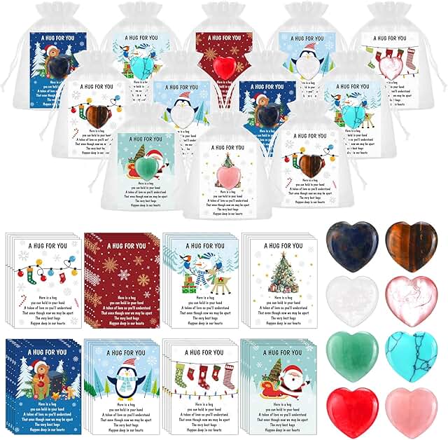 40 Christmas Pocket Hug Token Gift Sets with Heart Stones