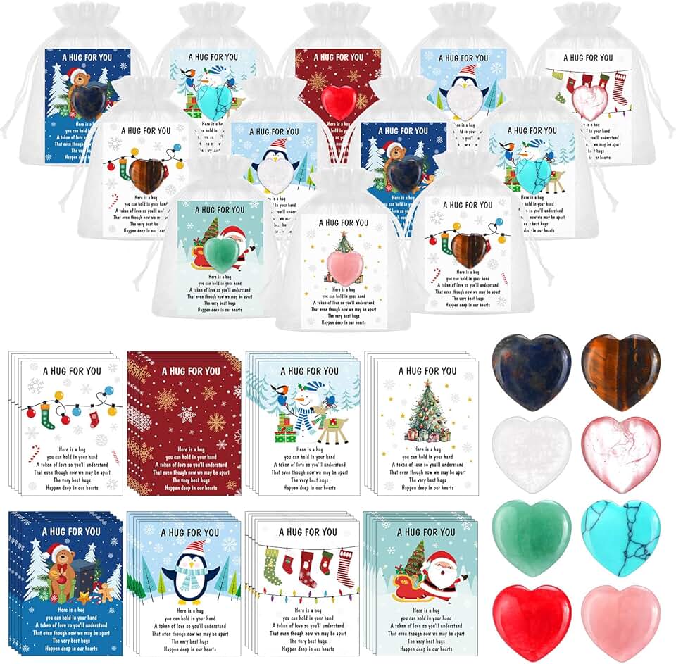 40 Christmas Pocket Hug Token Gift Sets with Heart Stones