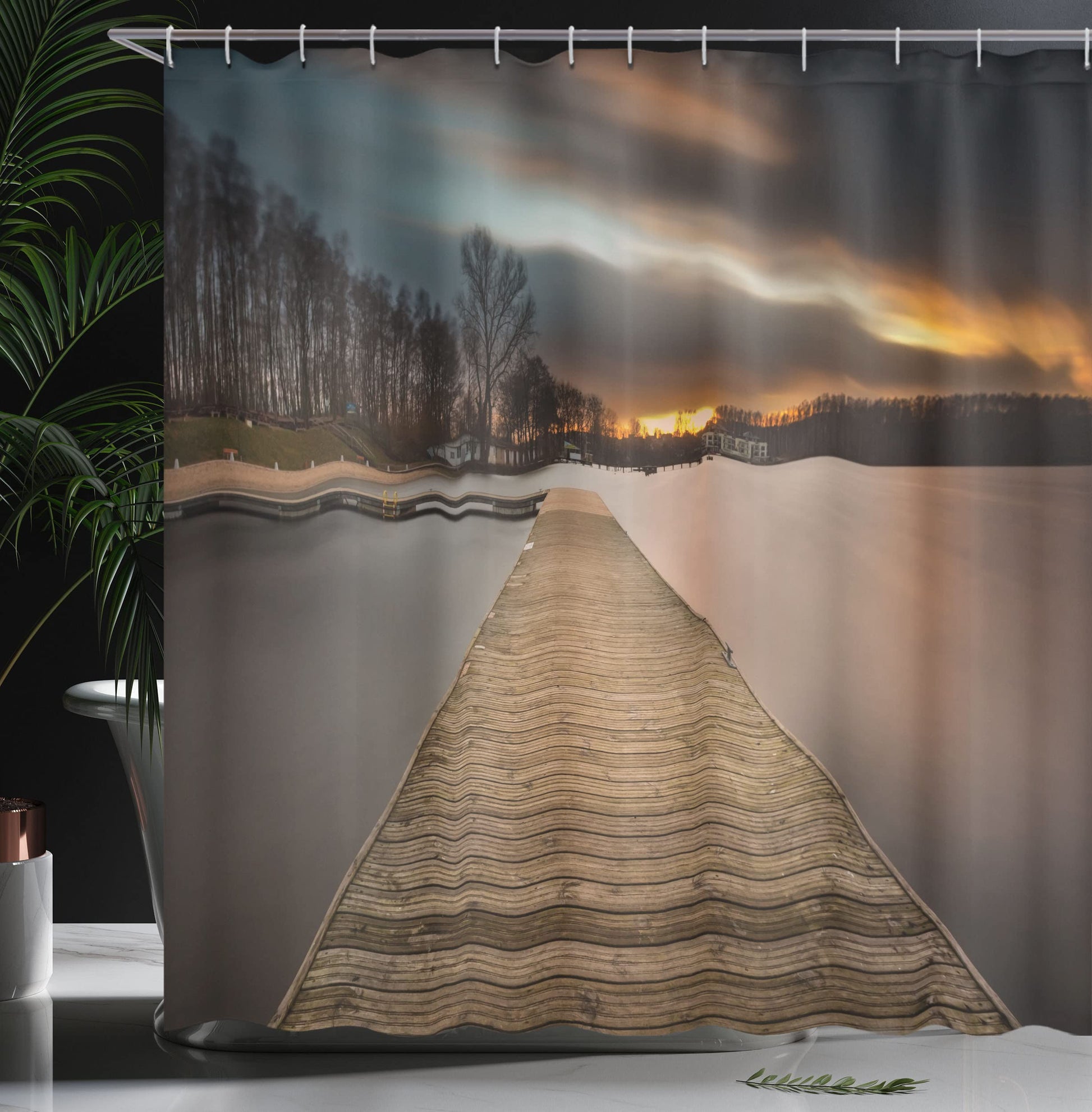 Landscape Shower Curtain, Lake Landscape with Jetty Cloudy and Dramatic Sky Scene at Sunset Image, Cloth Fabric Bathroom Decor Set with Hooks, 69" W x 84" L, Umber Black