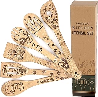 Set of 6 Wooden Bamboo Spoons with Cartoon Dog Design