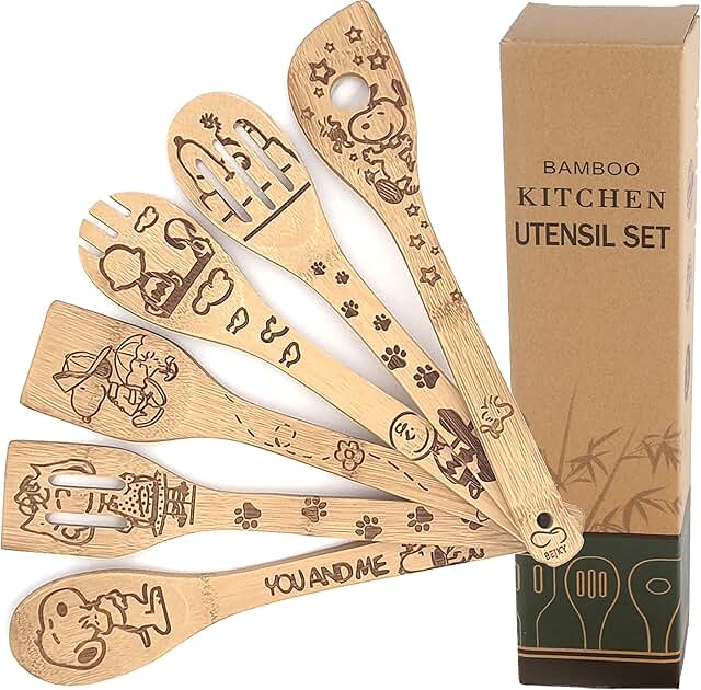 Set of 6 Wooden Bamboo Spoons with Cartoon Dog Design