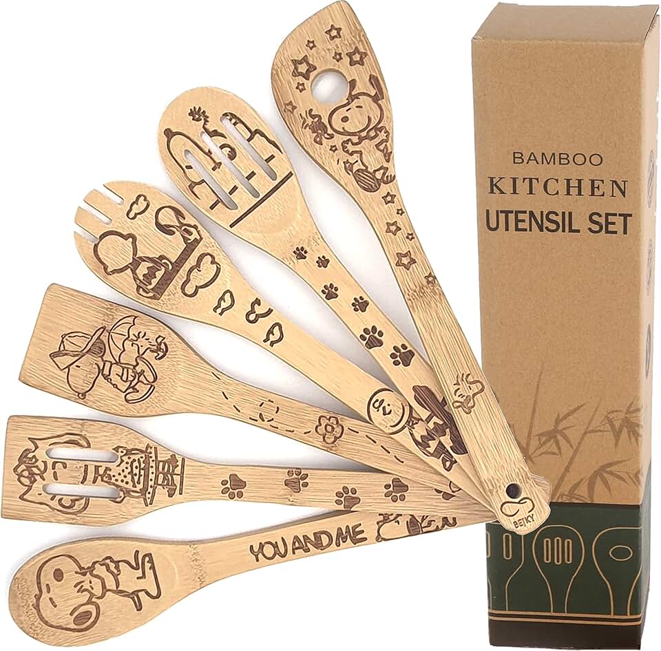 Set of 6 Wooden Bamboo Spoons with Cartoon Dog Design
