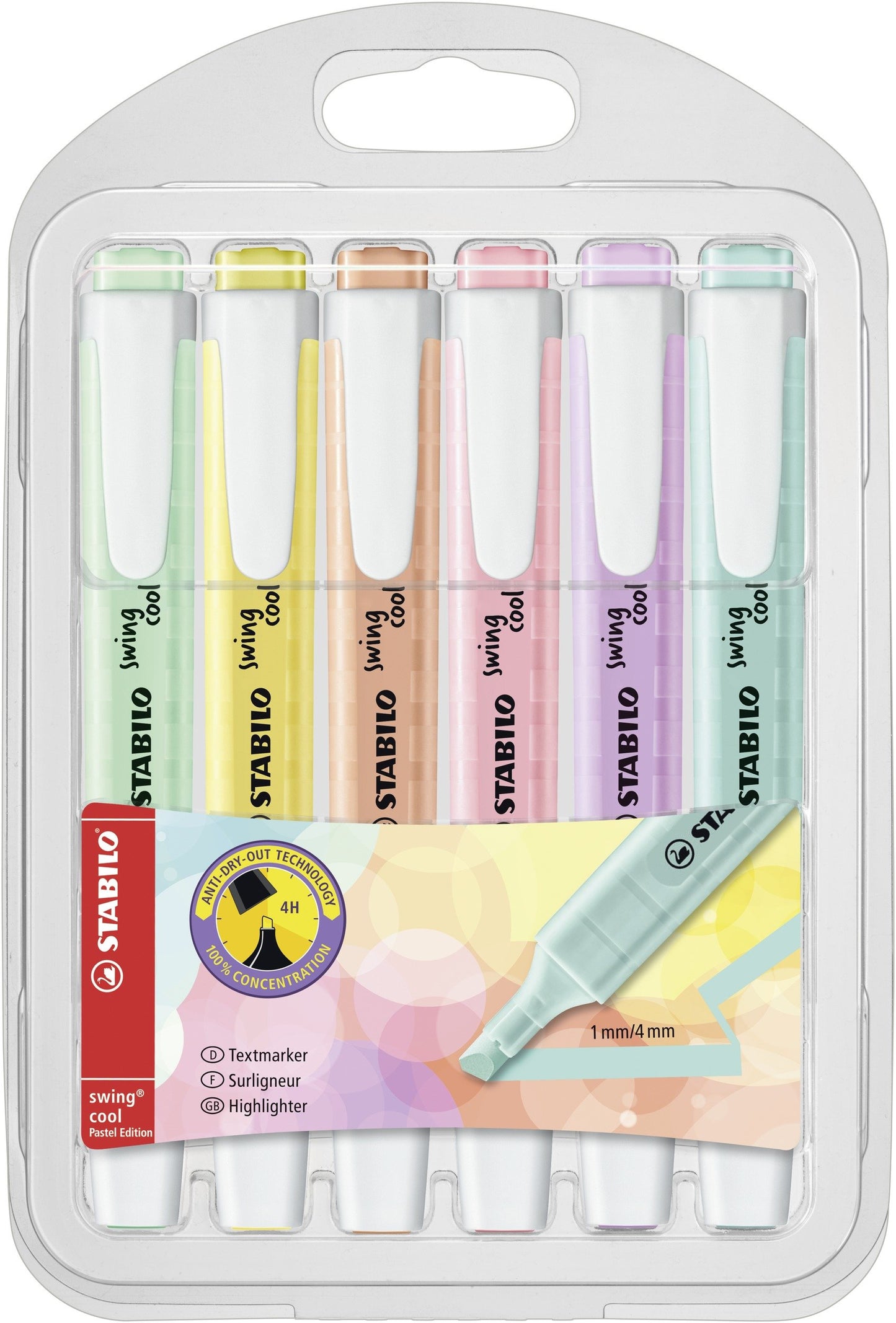 Set of 6 pastel highlighters with clip closure