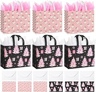 Six large pink Christmas gift bags with tissue and cards