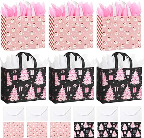 Six large pink Christmas gift bags with tissue and cards