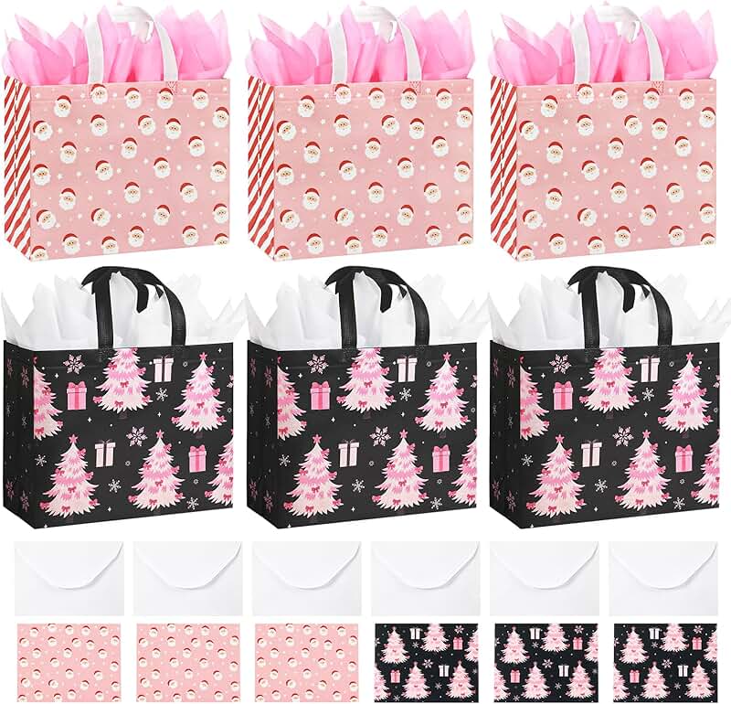 Six large pink Christmas gift bags with tissue and cards