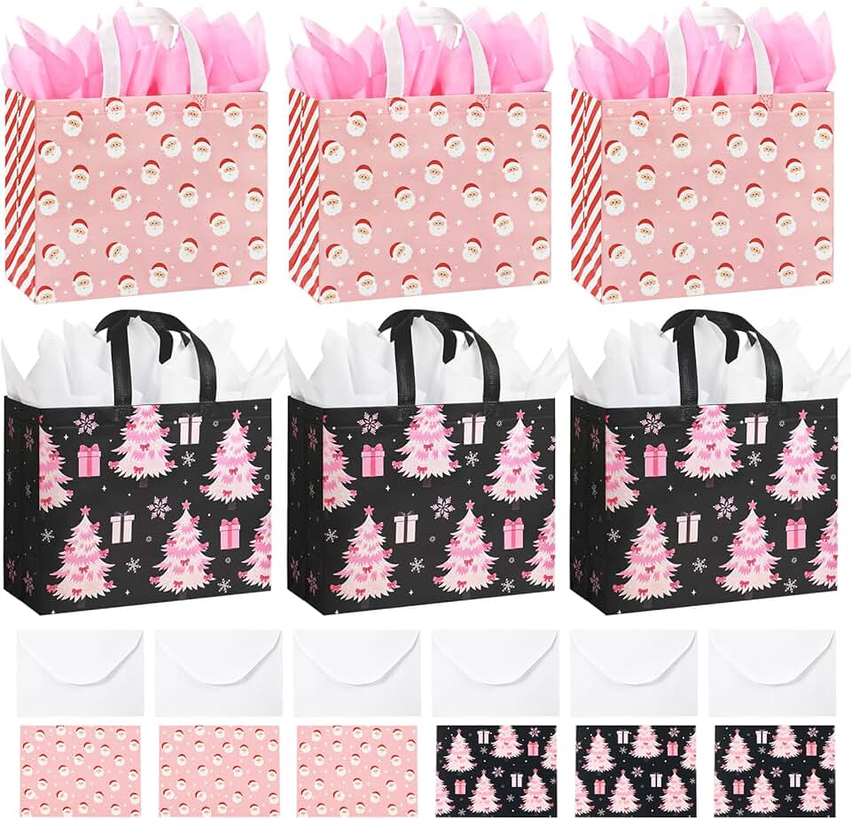 Six large pink Christmas gift bags with tissue and cards