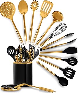 Black and Gold 13-Piece Cooking Utensil Set with Holder and Spoon Rest