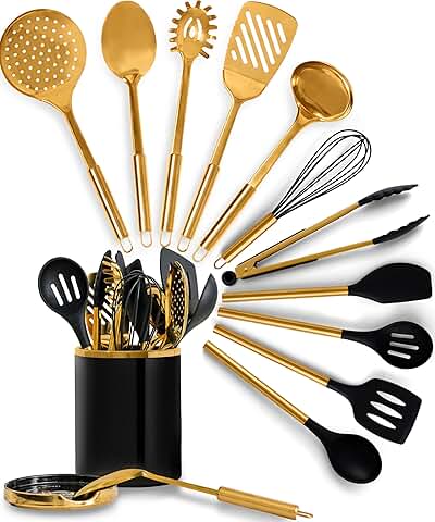 Black and Gold 13-Piece Cooking Utensil Set with Holder and Spoon Rest