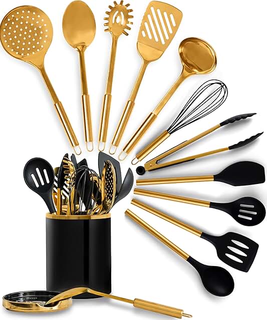 Black and Gold 13-Piece Cooking Utensil Set with Holder and Spoon Rest