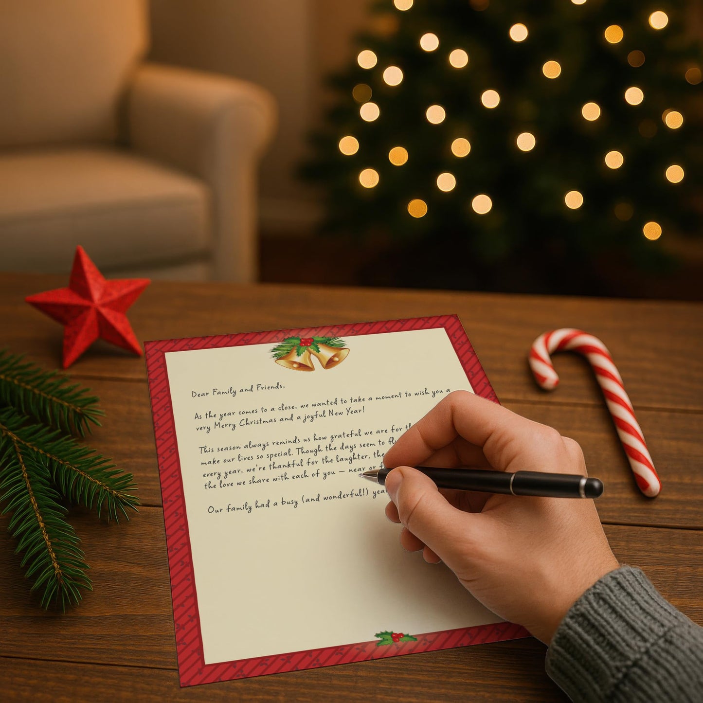 Holiday Paper with Red Border and Gold Bells, 80 Sheets