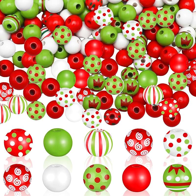 240 Christmas Wooden Beads in 9 Styles for Crafts