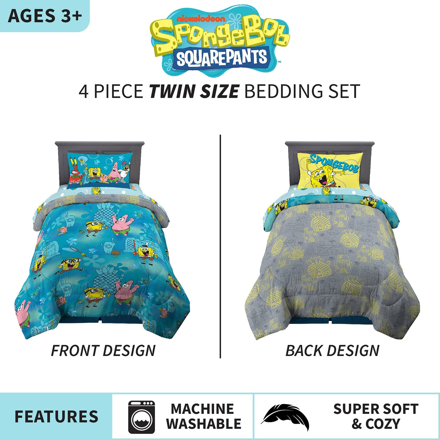 Kids Bedding Super Soft Comforter and Sheet Set, 4 Piece Twin Size, Spongebob