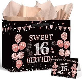 Black Rose Gold 16th Birthday Gift Bag with Card and Tissue