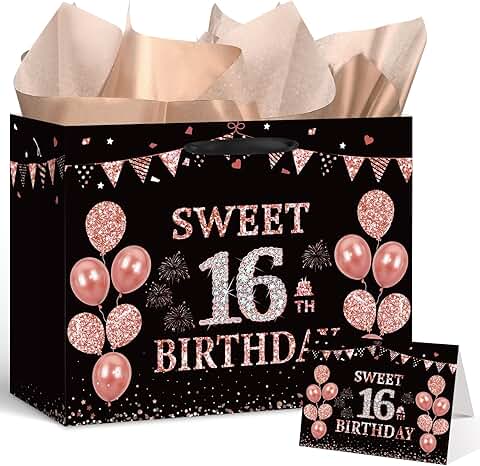 Black Rose Gold 16th Birthday Gift Bag with Card and Tissue