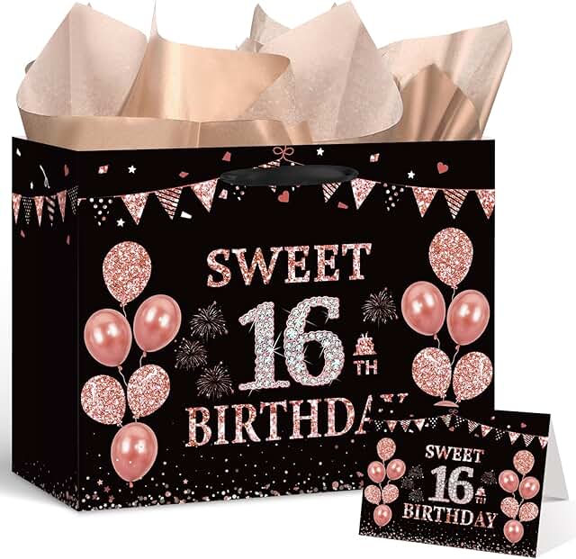 Black Rose Gold 16th Birthday Gift Bag with Card and Tissue