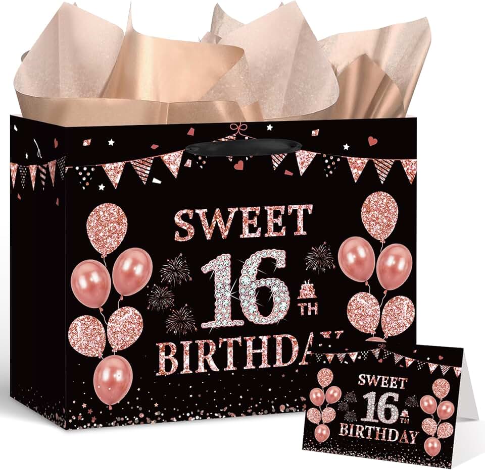 Black Rose Gold 16th Birthday Gift Bag with Card and Tissue