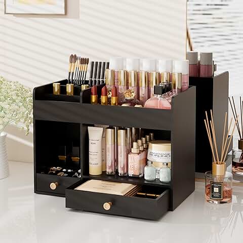 Black bamboo makeup organizer with drawers