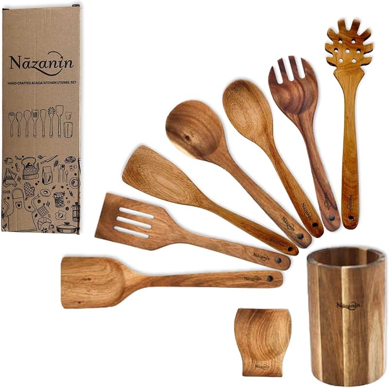 9-Piece Natural Acacia Wood Kitchen Utensil Set