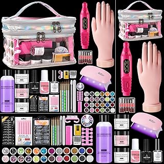 Complete beginner nail kit with acrylic powder, liquid, practice hand, drill, UV light, and bag