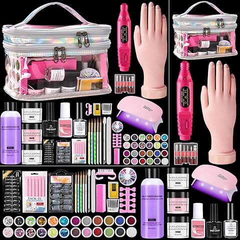 Complete beginner nail kit with acrylic powder, liquid, practice hand, drill, UV light, and bag