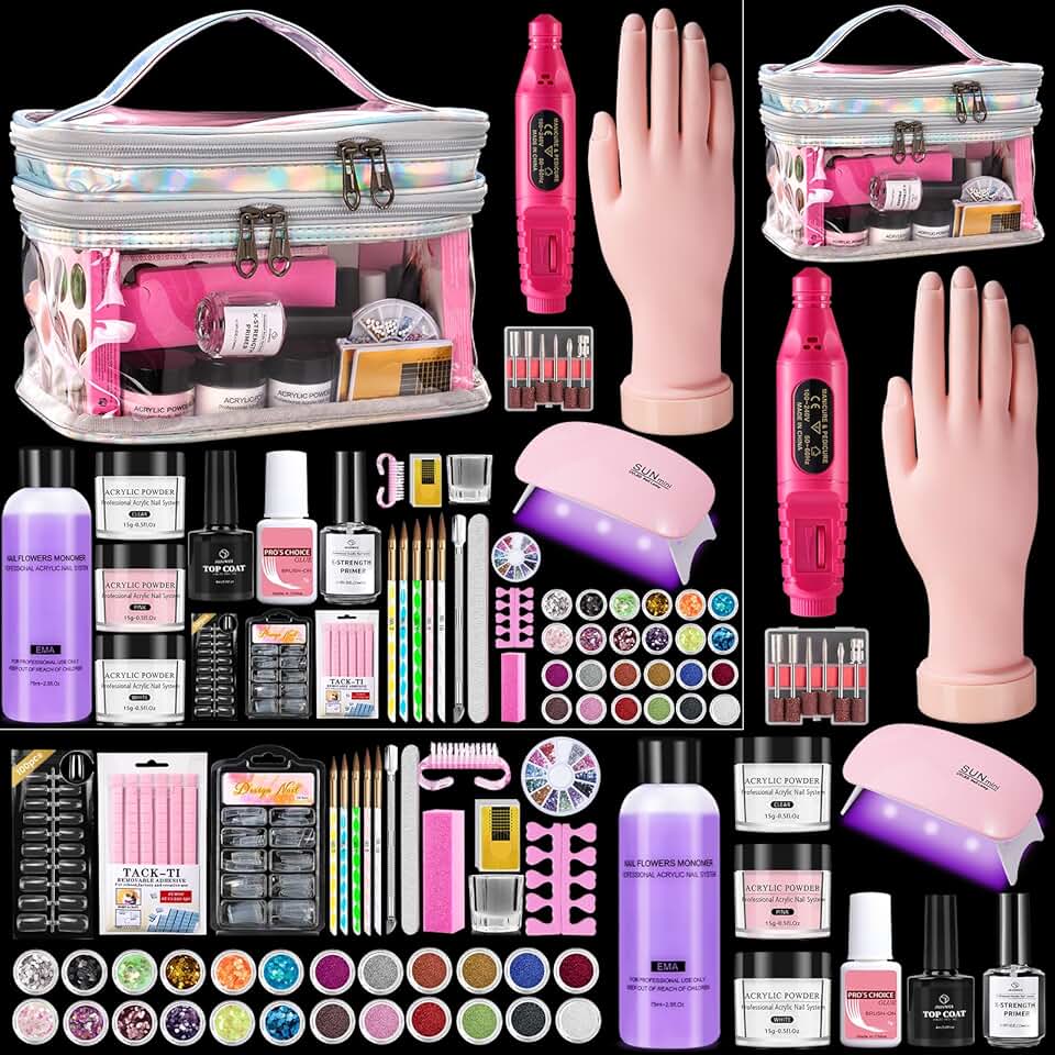 Complete beginner nail kit with acrylic powder, liquid, practice hand, drill, UV light, and bag