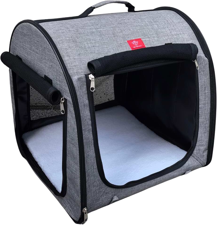 Portable Gray Pet Kennel with Car Seat-Belt Fixture