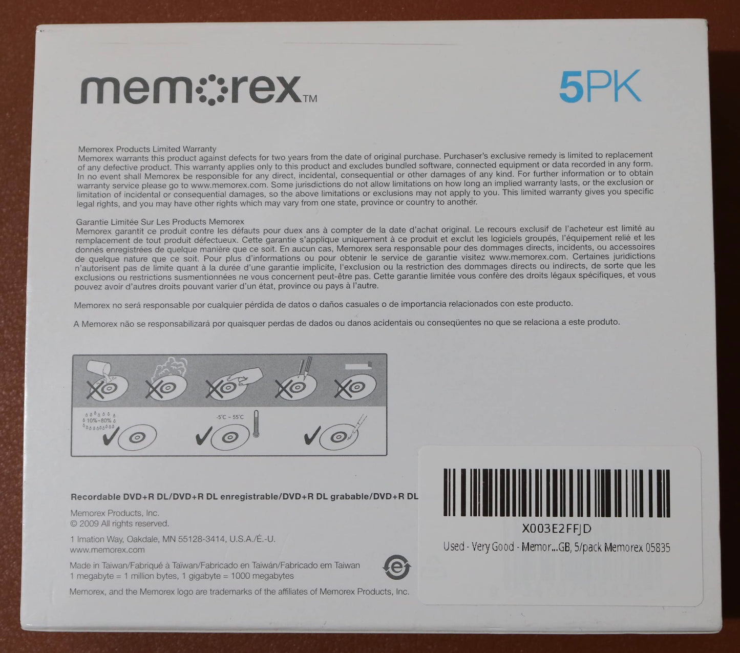 05835 Dual Layer DVD+R Disc, 5/Pack. (05835) Double Layer Recordable DVD+R Discs, 8x recording speed, 8.5GB, 5/pack 05835