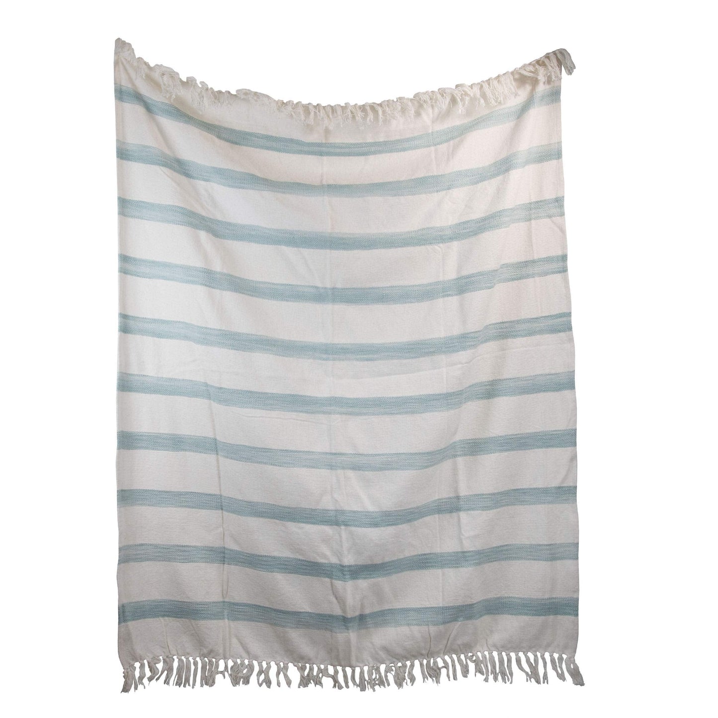 Blue Striped Handwoven 50 x 60 inch Cotton Throw Blanket with Hand Tied Fringed Tels, Green