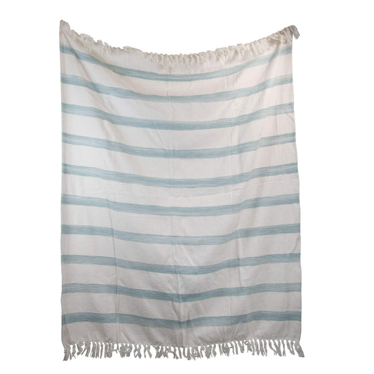 Blue Striped Handwoven 50 x 60 inch Cotton Throw Blanket with Hand Tied Fringed Tels, Green