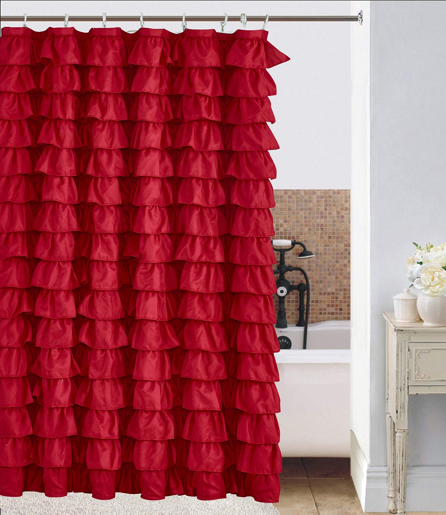 Waterfall Ruffled Fabric Shower Curtain RED)